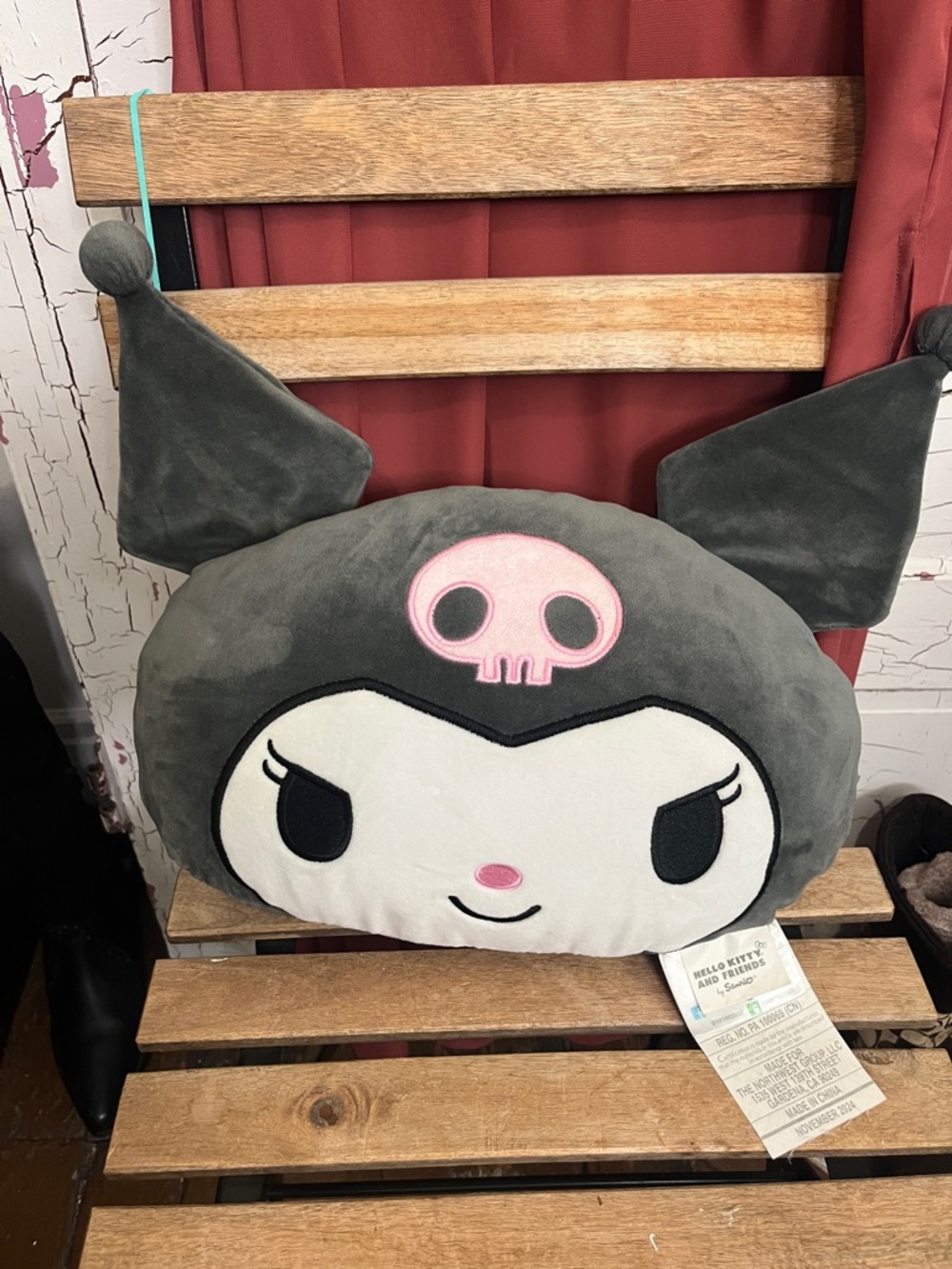Sanrio Kuromi Plush Pillow - Gray with Pink Skull Accent